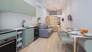 Eine moderne Küche mit integriertem Waschtrockner, eine Essecke mit Tisch für vier Personen und ein Wohnbereich mit Sofa und dekorativem Raumteiler.