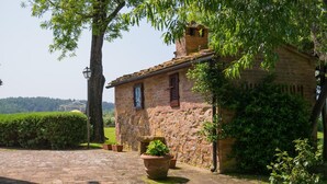 A rustic stone building with a tiled roof, a brick chimney, and a small window with shutters. There is a paved pathway leading to the building, and a large potted plant in the foreground. - Apartment in Tuscany with Pool & Garden (Montaione)