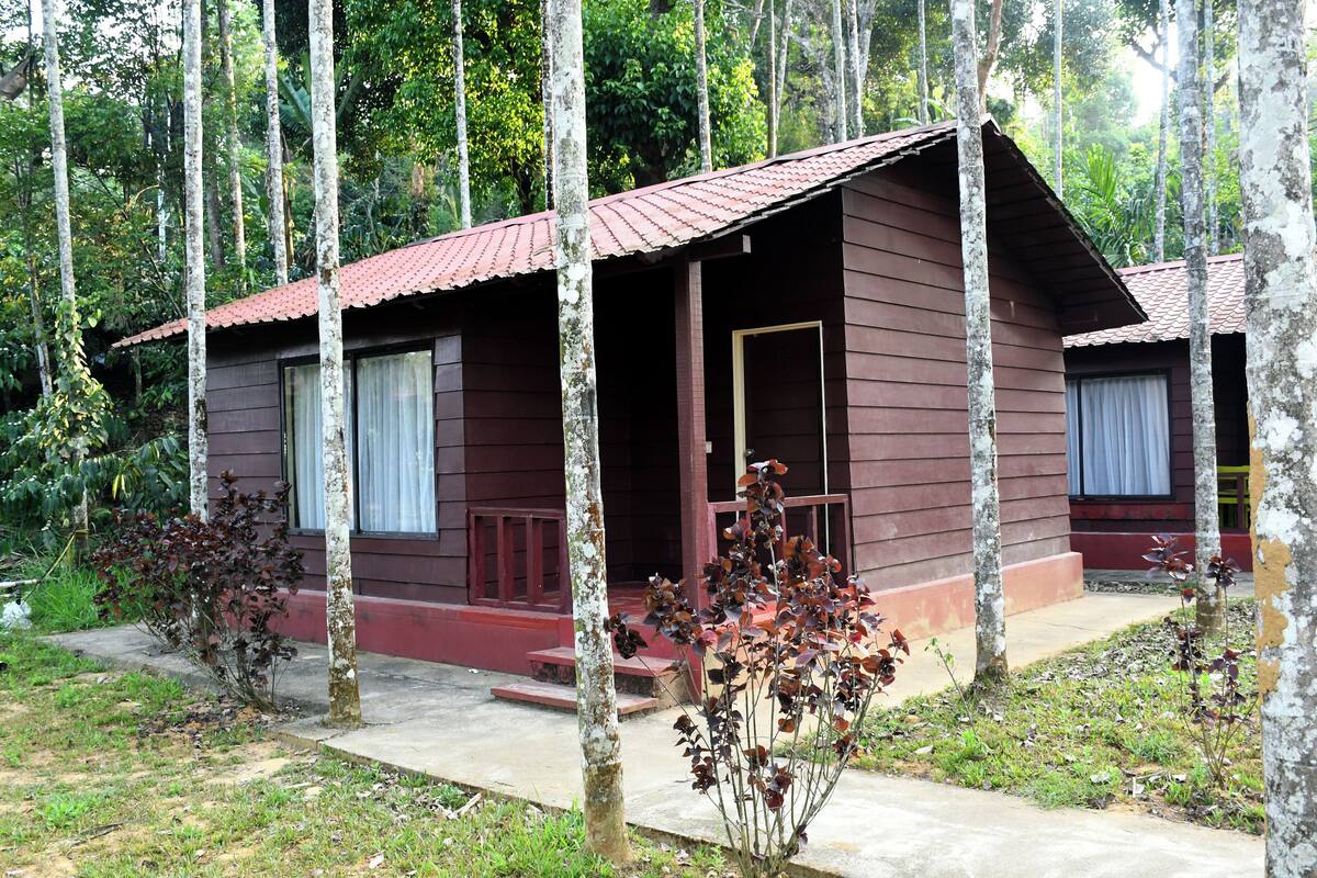 A wooden cabin with a red roof, surrounded by trees and greenery.