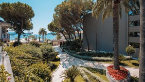 Un sendero ajardinado con palmeras y macizos de flores, que conduce a un edificio con vista al mar.