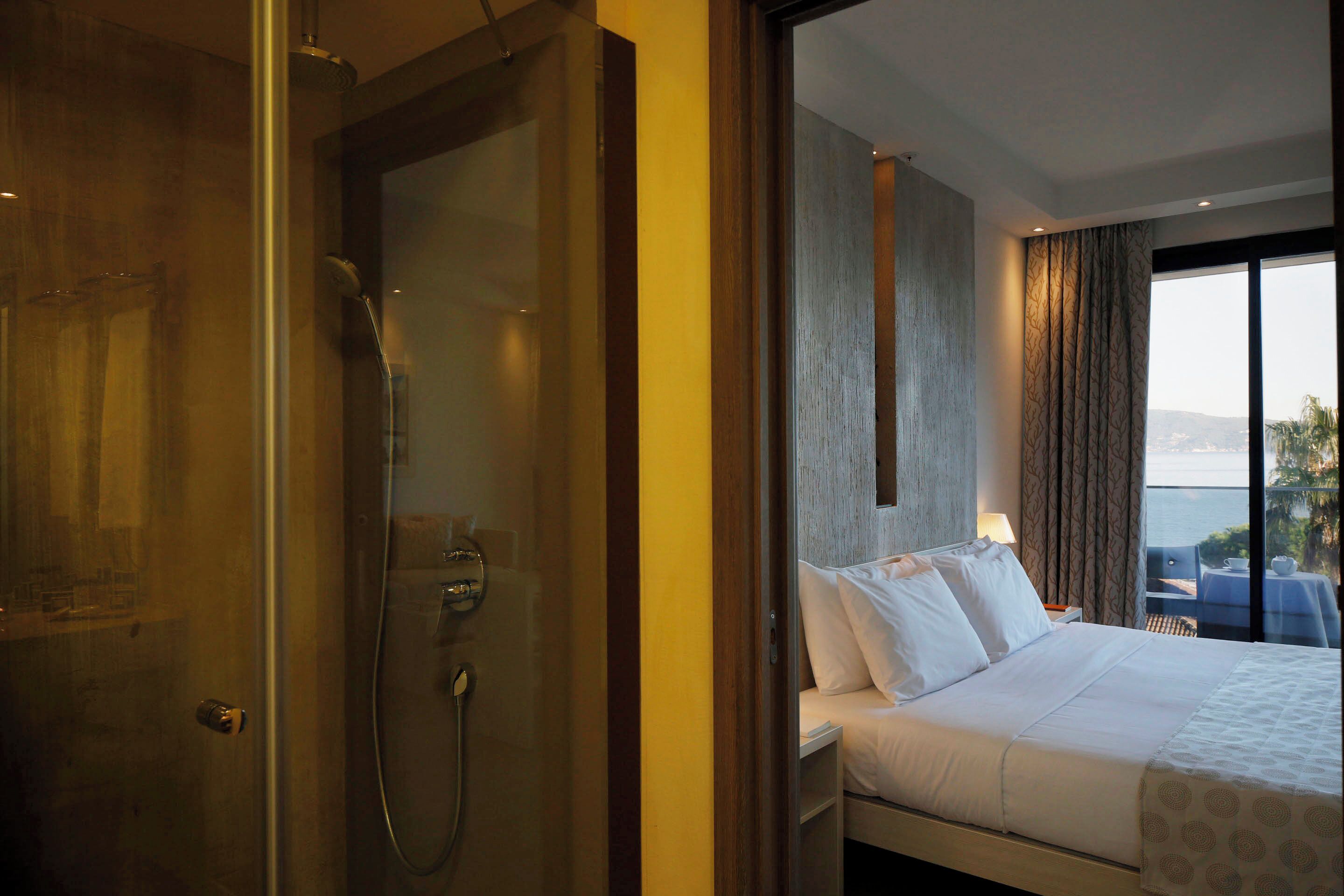 A hotel room with a bed, a shower, and a view of the sea.