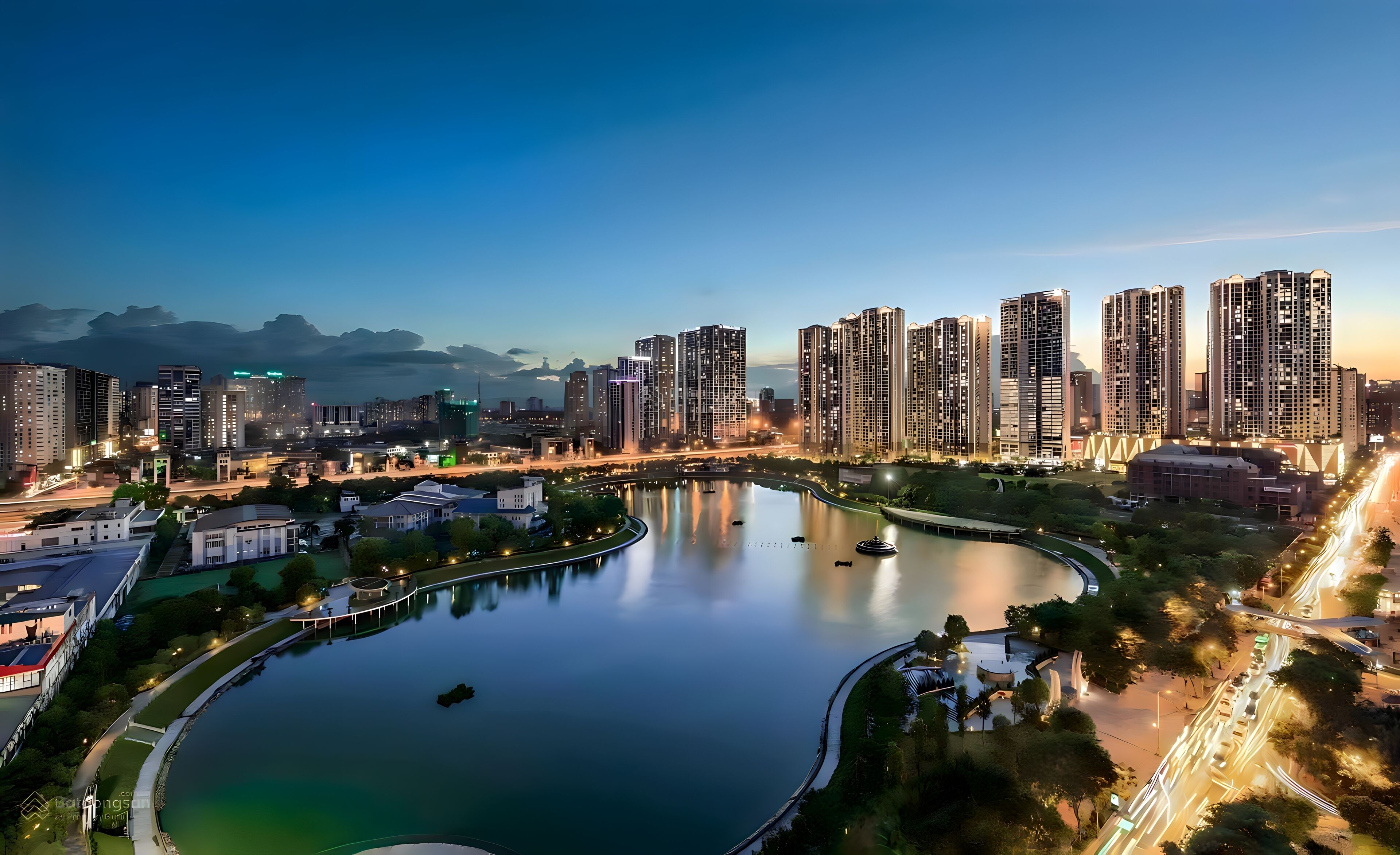 Un paisaje urbano con rascacielos, un río y un puente.