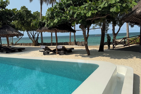 Outdoor pool, pool umbrellas, sun loungers