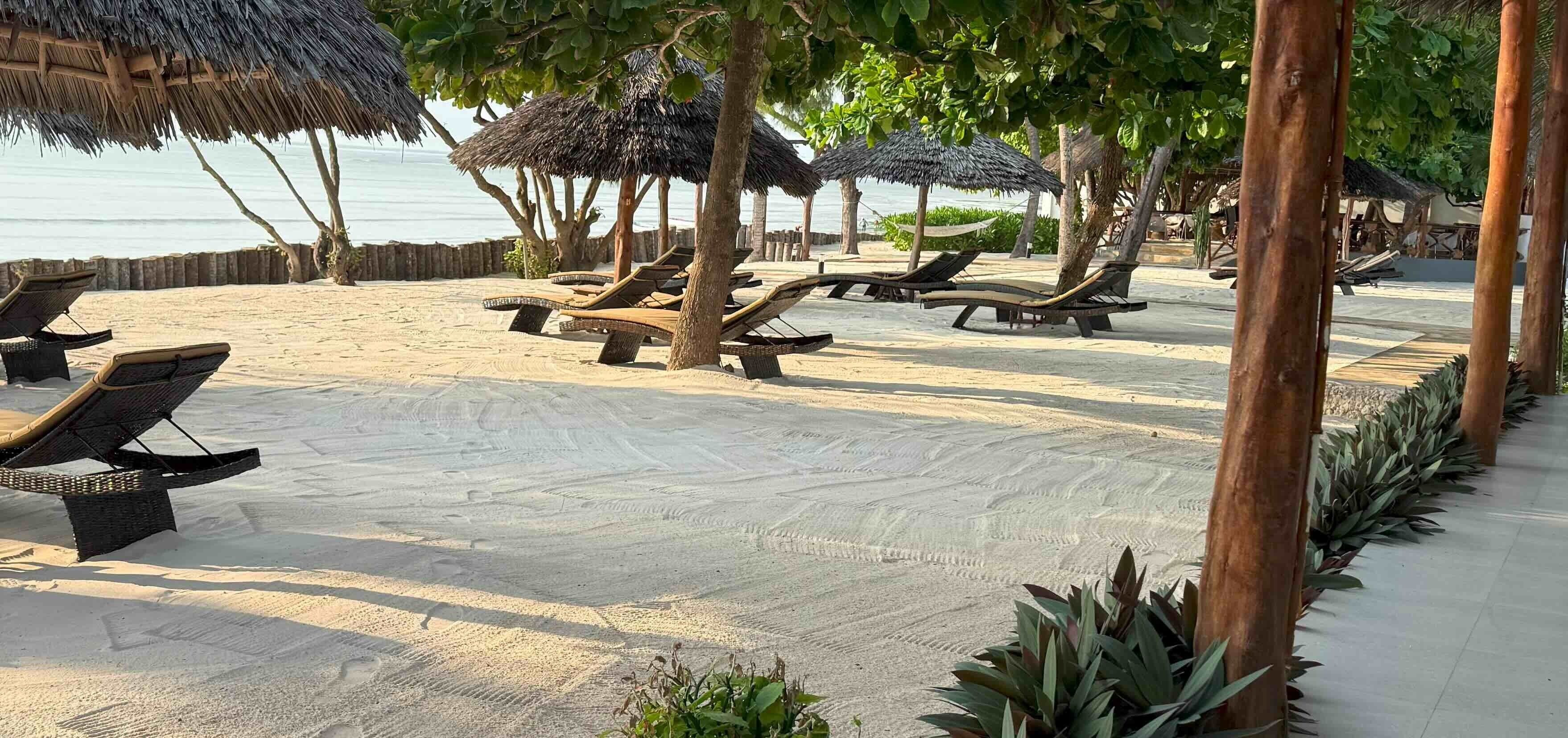En strand med solstolar och parasoller med halmtak, en sandstig och utsikt över havet.