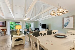 Älytelevisio, takka, kirjoja, työhuone