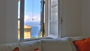 A room with a large window, a white sofa, and a view of a body of water and buildings.