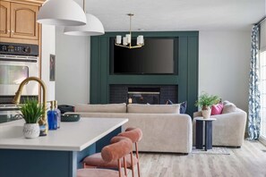 TV, fireplace, books