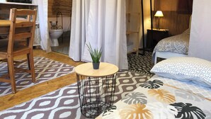 A compact hotel room with a bed, a small round table with a plant, a wooden chair, a desk with a microwave, and a hanging coat rack.