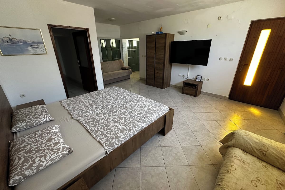 A bedroom with a bed, a sofa, a TV, and a cabinet.