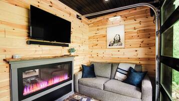 Smart TV, fireplace, DVD player, books