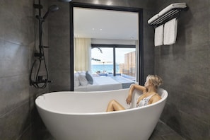 Separate bathtub and shower, hydromassage showerhead, hair dryer