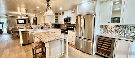 Fridge, microwave, oven, kitchen islands