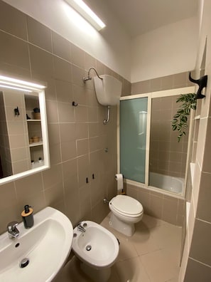 Hair dryer, bidet, towels, soap