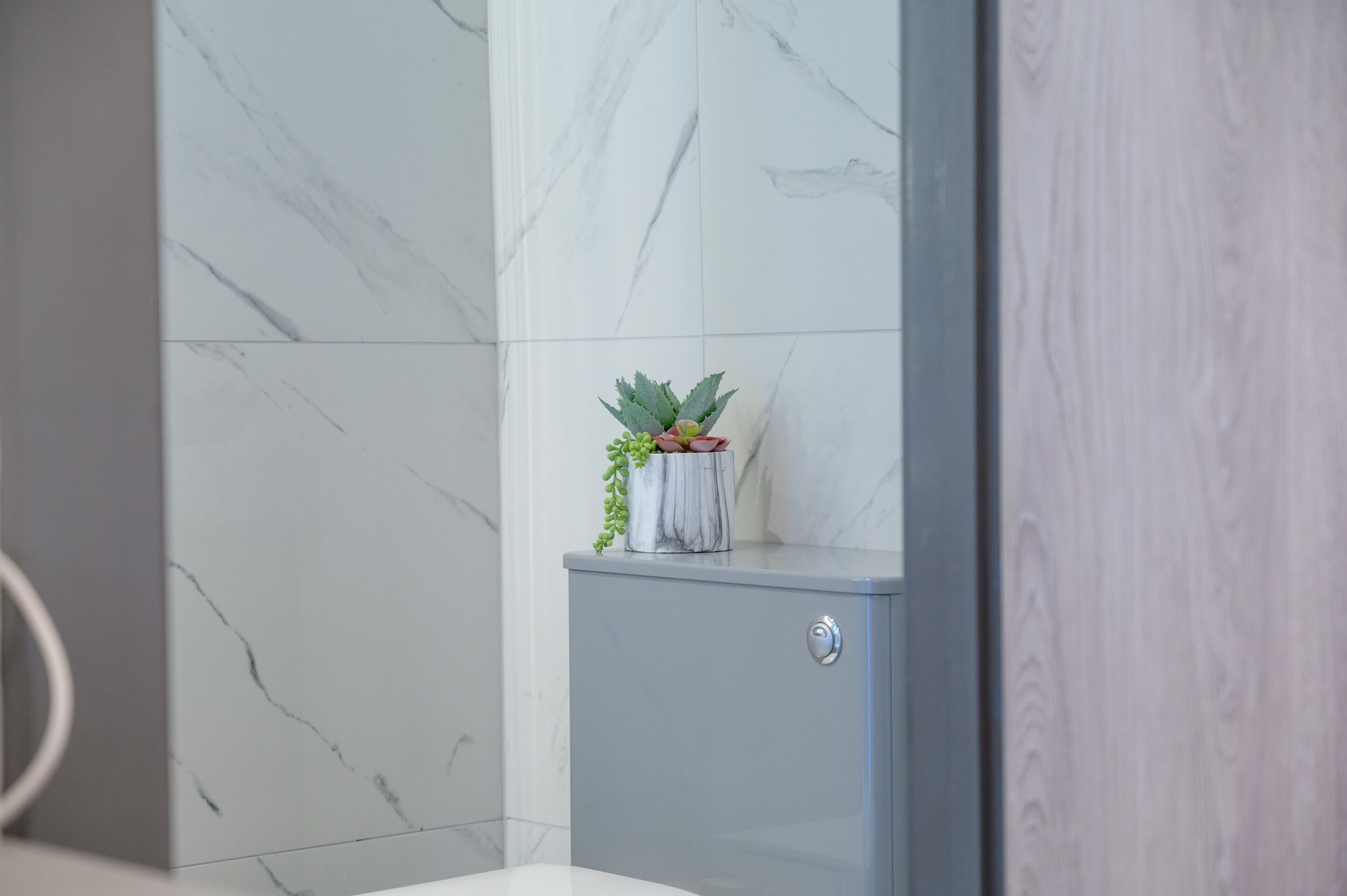 Een badkamer met marmeren wanden, een grijs kastje en een plant in een pot.