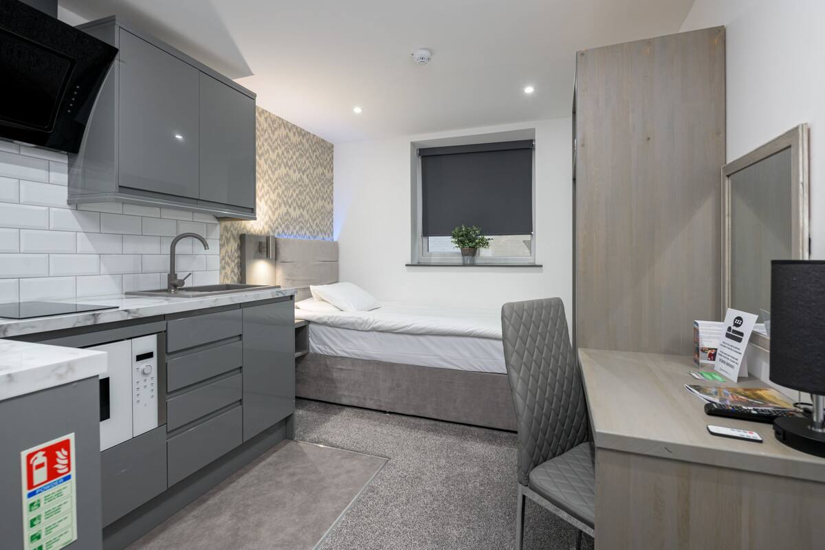 A compact hotel room with a kitchenette, a bed, a small desk, and a window with a plant.