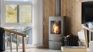 A cozy room with a wood-burning stove, a TV, and a window overlooking greenery.