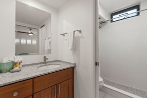 Shower, hair dryer, towels