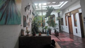 A spacious hallway with a skylight, potted plants, and a variety of wall art. - parrot house san antonio (Cali)