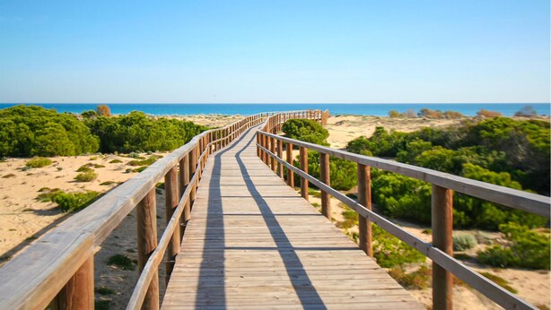 Ein hölzerner Steg führt zum Strand, begleitet von Geländern an beiden Seiten.