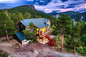 Una cabaña con techo metálico, una escalera roja y vistas a una cadena montañosa boscosa.