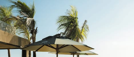 Piscine extérieure, chaises longues