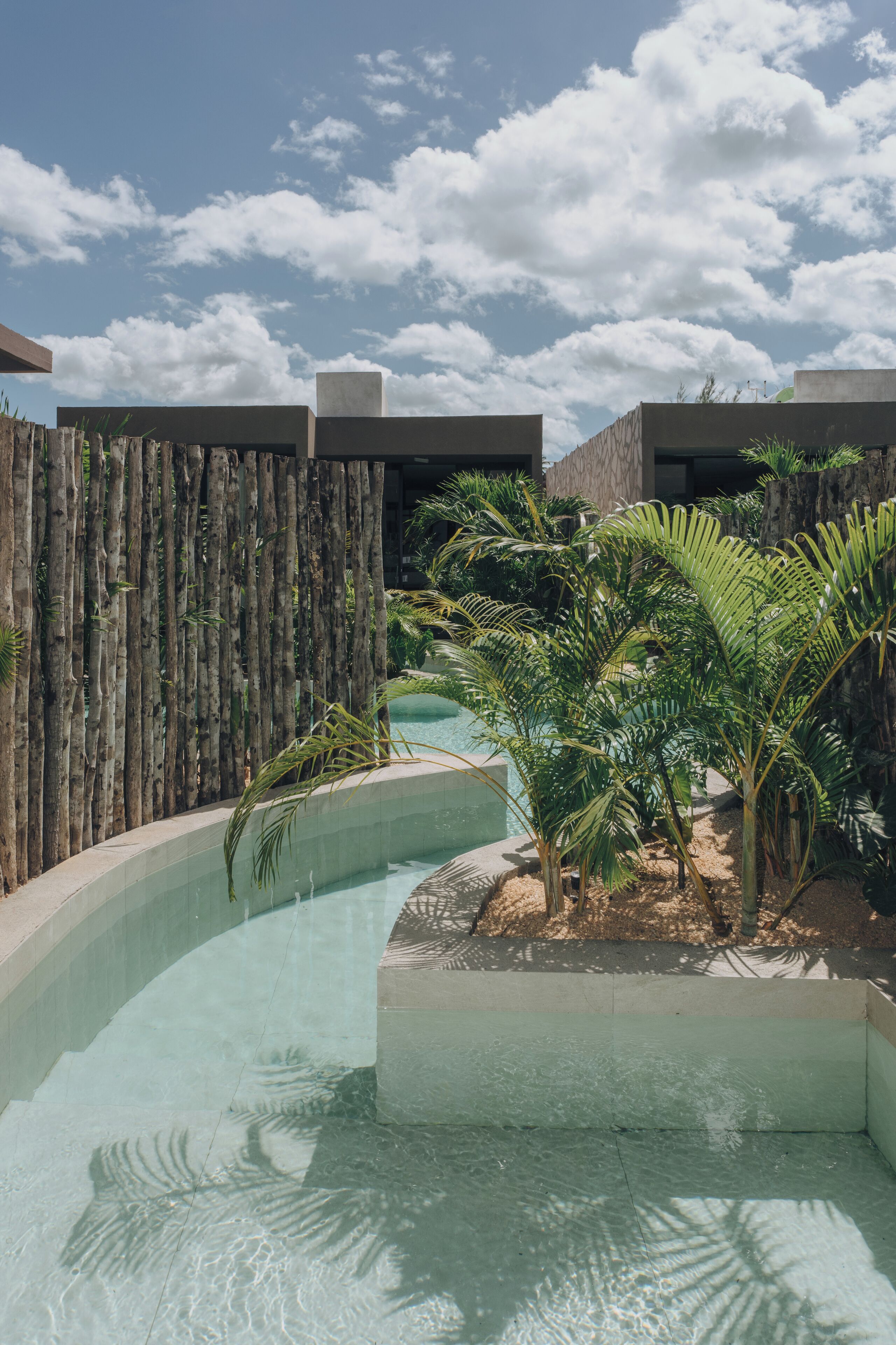 Un área de piscina con diseño curvo, rodeada de cercas de madera y palmeras.