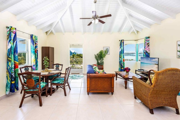 Open living area and ceiling fan