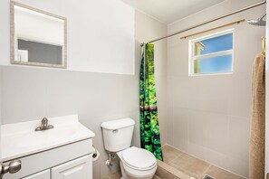 Chuveiro, secador de cabelo, toalhas de banho, sabonete