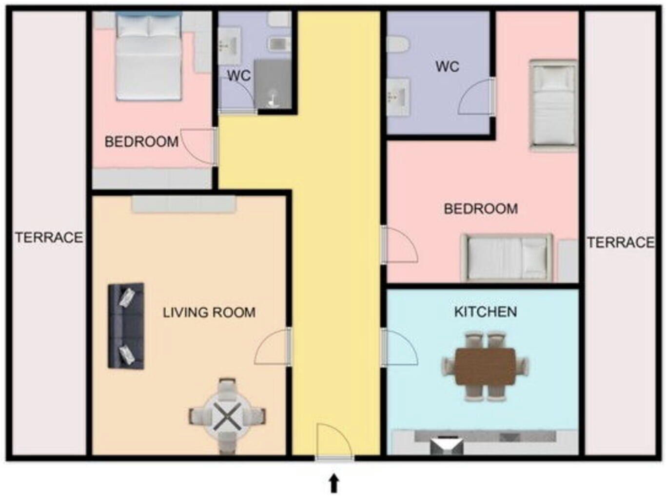 Plano de distribución con dormitorio, sala de estar, cocina y dos baños.