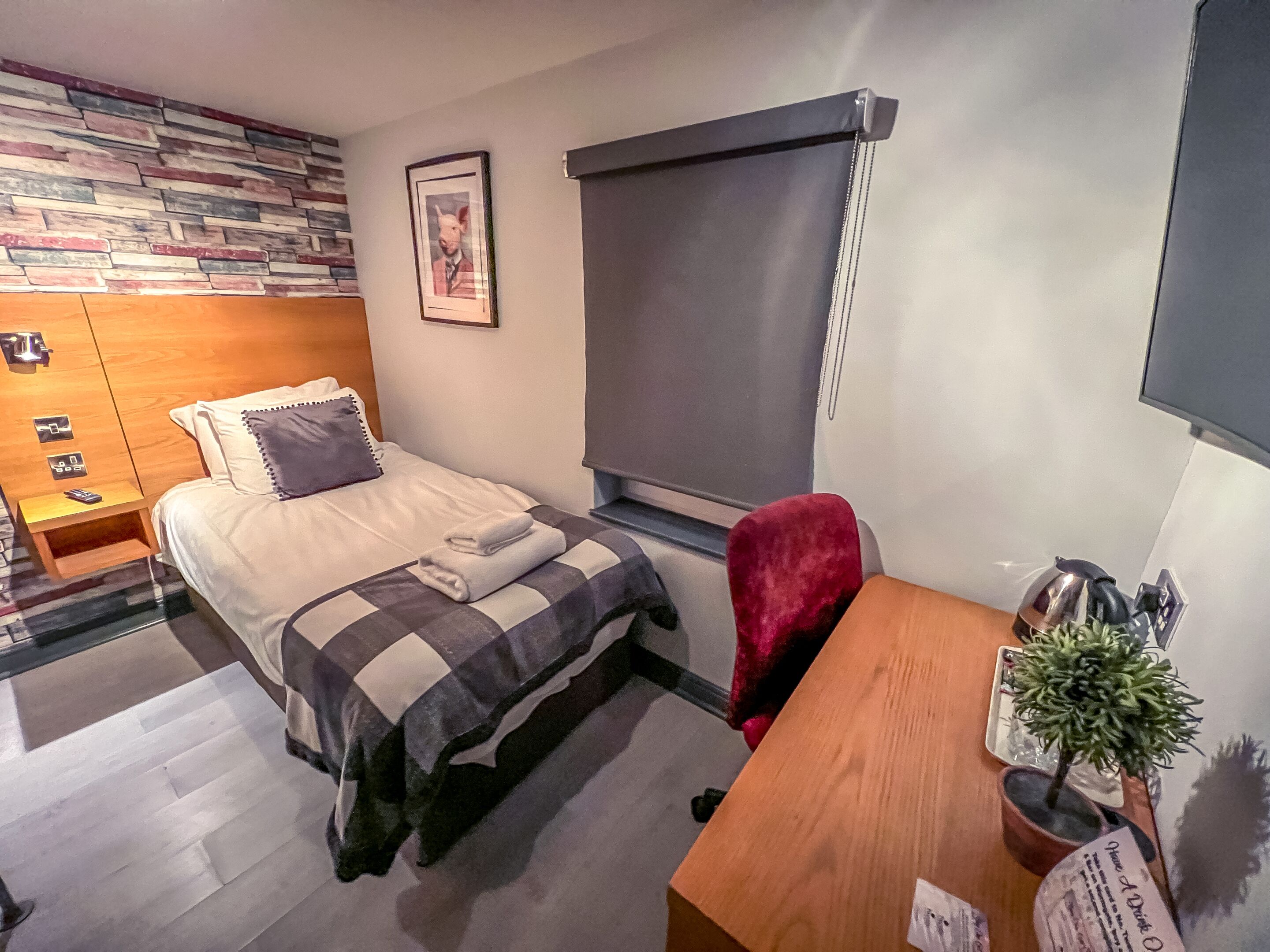 A hotel room with a bed, a desk, a chair, a window with a blind, a wall-mounted TV, a framed picture, and a decorative plant.