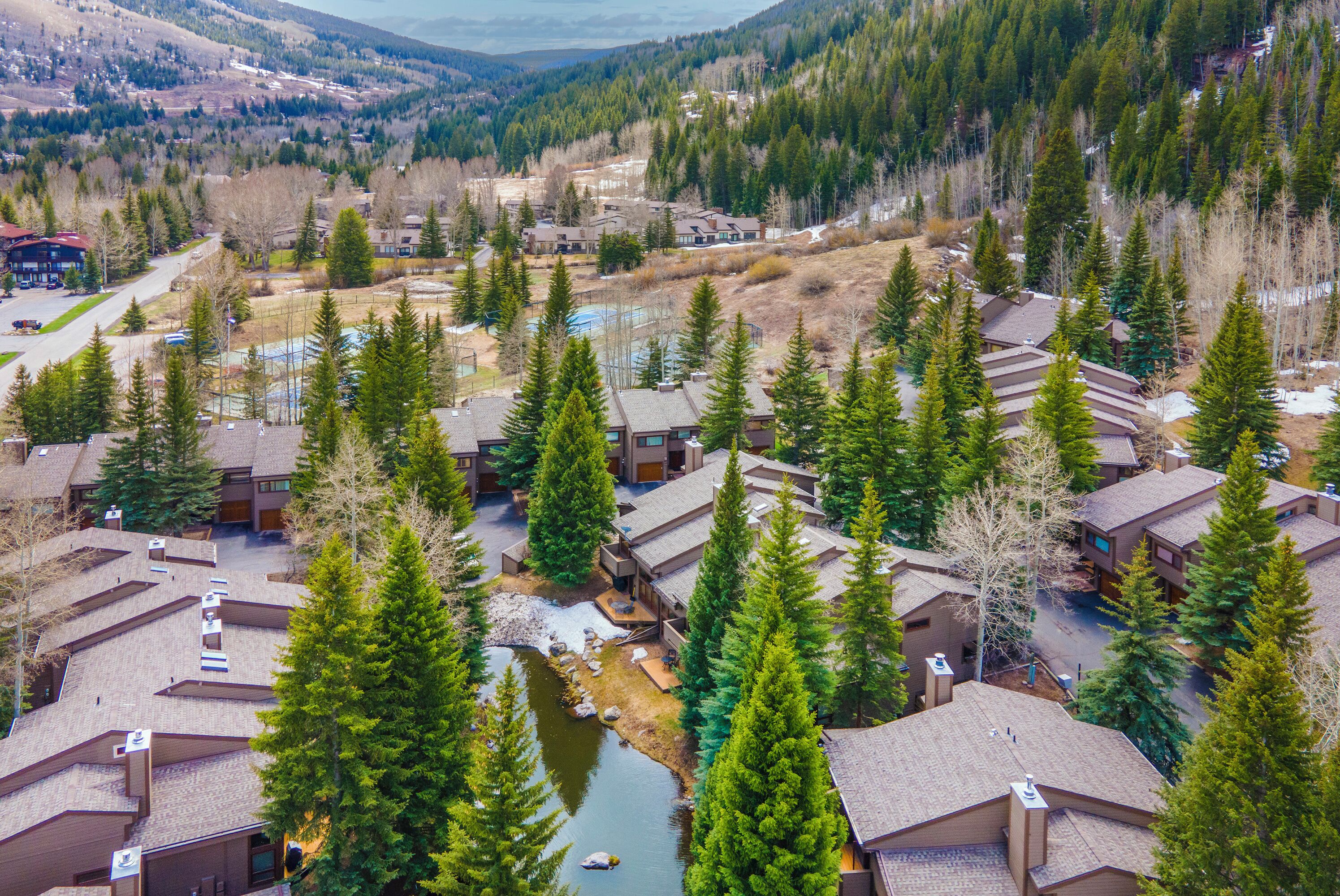 A residential area with multiple houses, a small river, and dense forest.