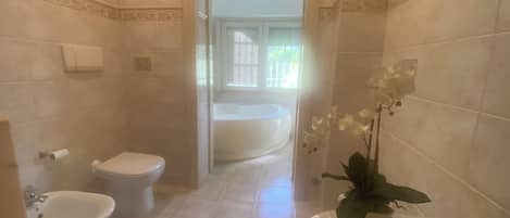 Regadera, tina de hidromasaje, secadora de cabello, bidet