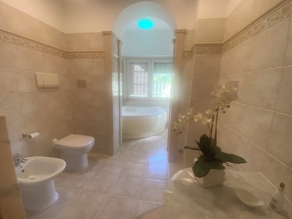 Doccia, vasca idromassaggio, asciugacapelli, bidet
