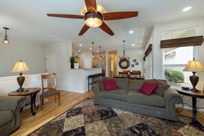 Smart TV, fireplace, books