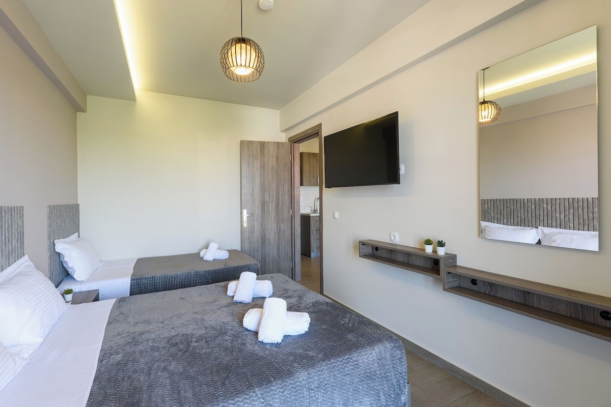 A modern hotel room with two beds, a flat-screen TV, a large mirror, and a small kitchen area.