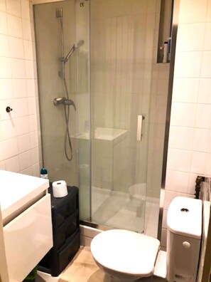 Ducha, bañera de hidromasaje, secador de pelo, toallas