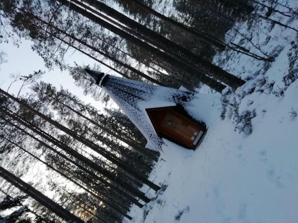 A cabin in a snowy forest with a wooden door and a snow-covered roof. - Old Pine Husky Lodge (Keminmaa)