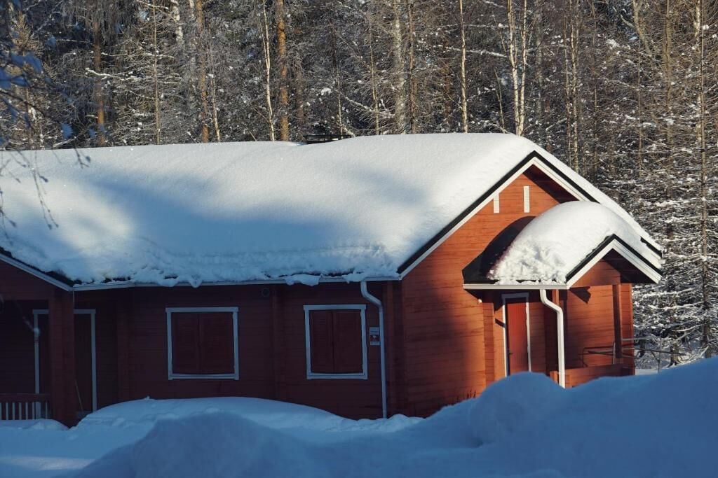 A wooden cabin with a snow-covered roof, surrounded by a forest.