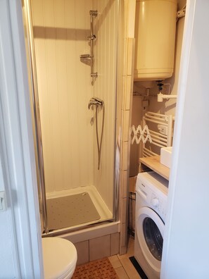 Hair dryer, towels, soap, toilet paper