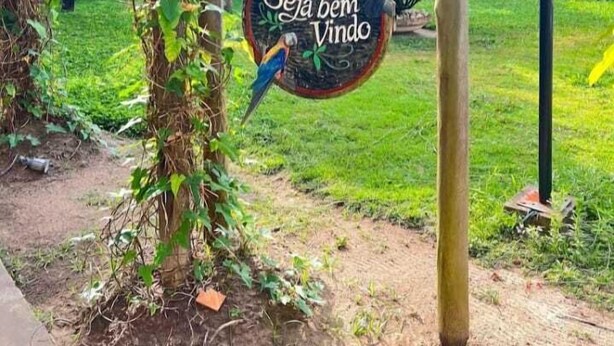 Un letrero con un pájaro y el texto 'Seja bem Vindo' en un jardín.