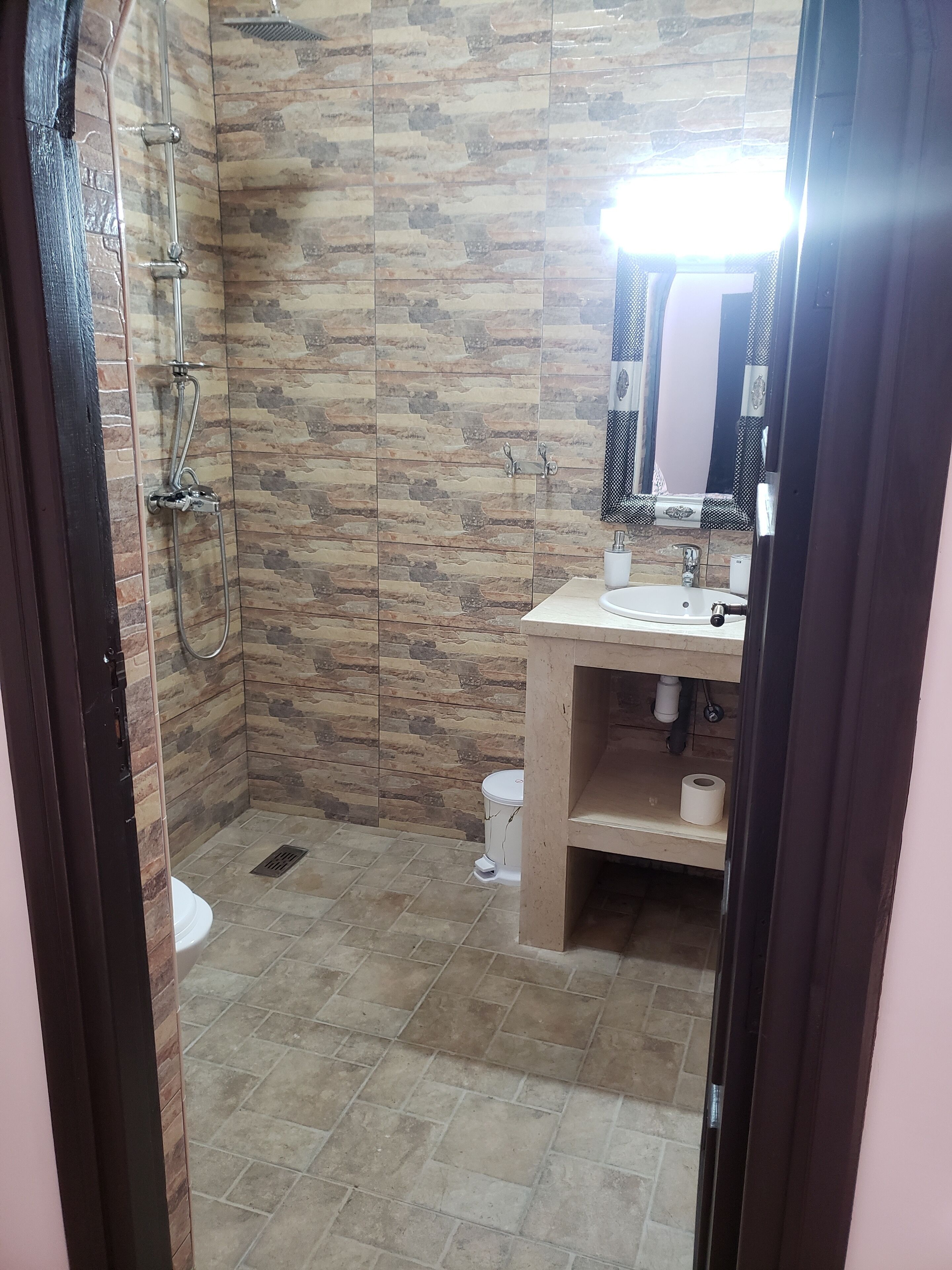 Shower, bidet, towels, soap
