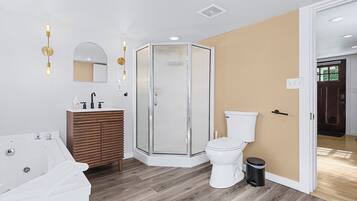 Jetted tub, hair dryer, towels, soap