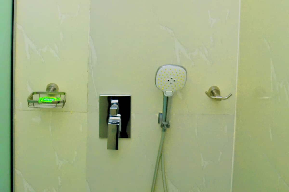 Rainfall showerhead, free toiletries, hair dryer, soap