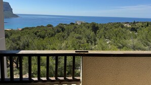 Ein Balkon mit Blick auf das Meer und eine bewaldete Landschaft.