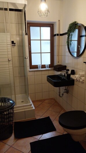 Shower, towels, soap, toilet paper