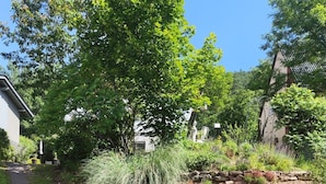 A paved pathway leading through a garden with various plants and a stone wall. - Beas Ferienglück (Busenberg)
