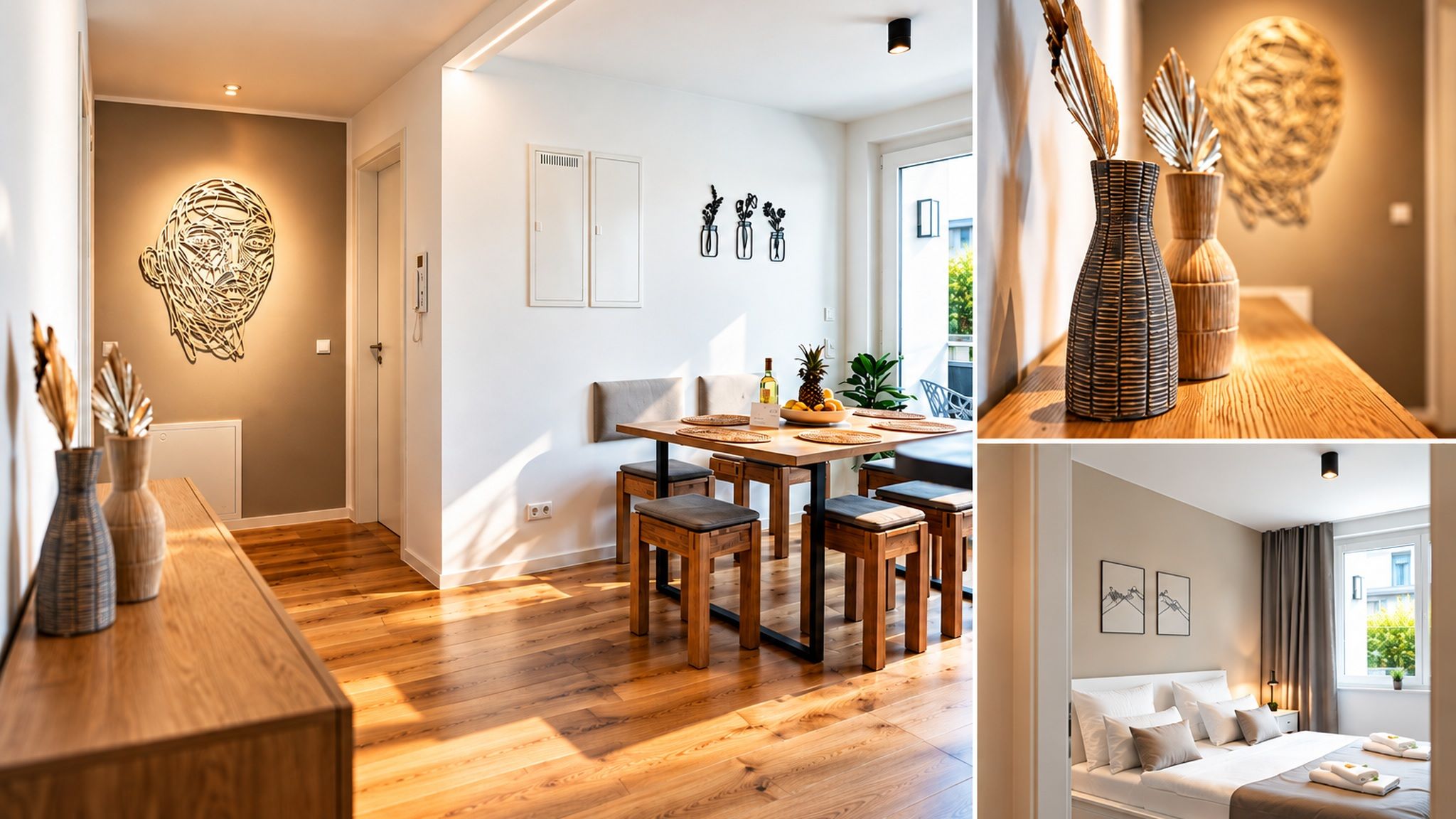 A modern interior with a wooden dining table, chairs, and a wall-mounted art piece.