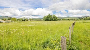 Een landelijk landschap met een grasveld, een houten hek en verre bomen onder een gedeeltelijk bewolkte lucht.