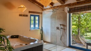 Shower, hair dryer, towels