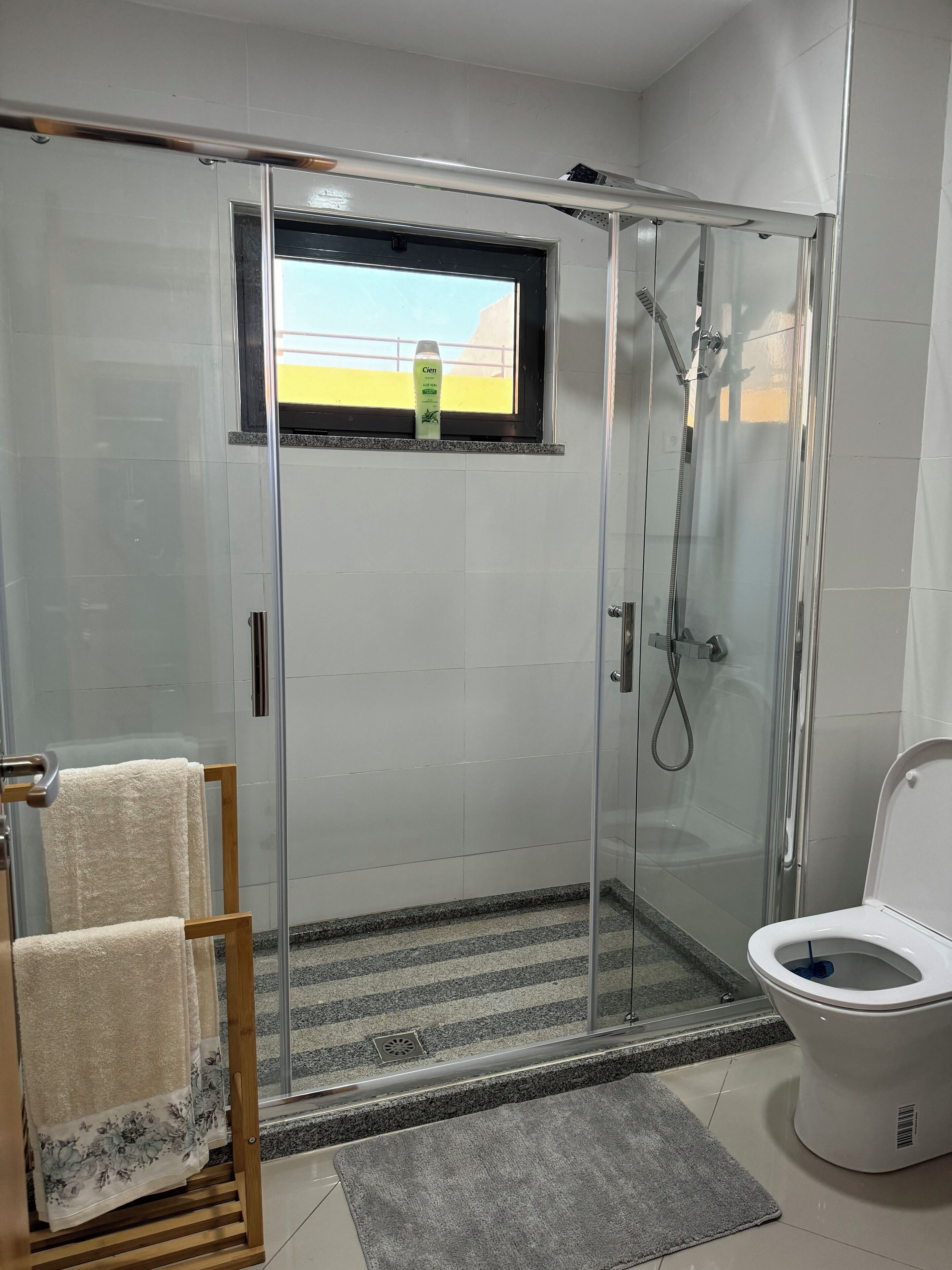 Shower, hair dryer, towels, soap